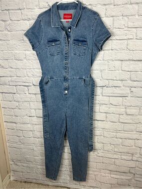GUESS Women’s XL Denim Jumpsuit Short Sleeve Utility Belted Stretch Blue